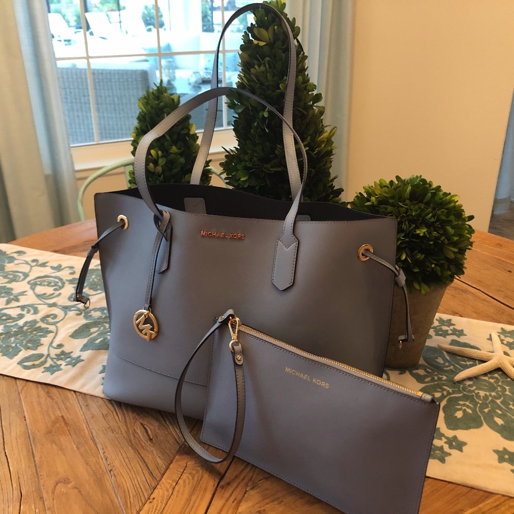 Michael Kors Gray Blue Tote Bag with Pouch